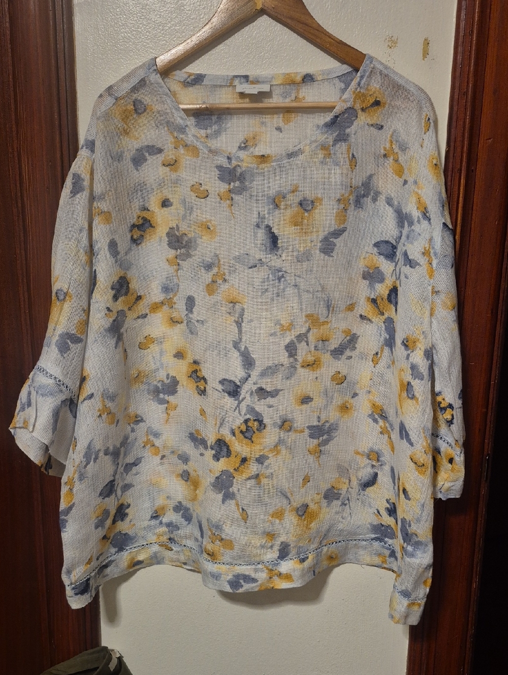 Purejill Linen Relaxed Floral Waffle Knit Tunic in Yellow and Blue